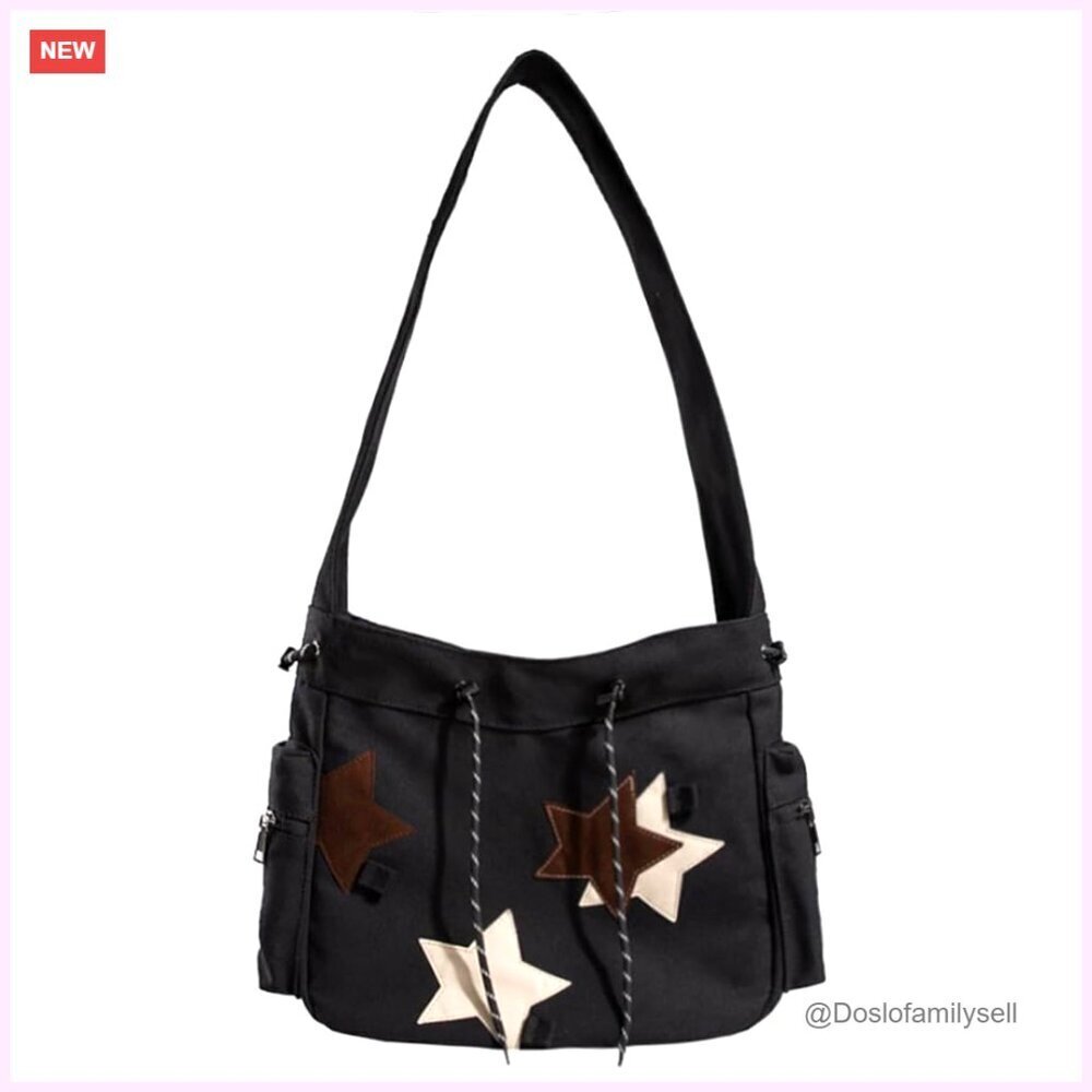 Canvas Shoulder Bag with Suede Star Accent Crossbody Purse